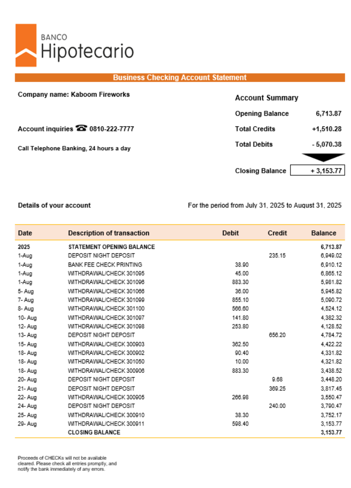 Déclaration de la société Banco Hipotecario Format Word et PDF